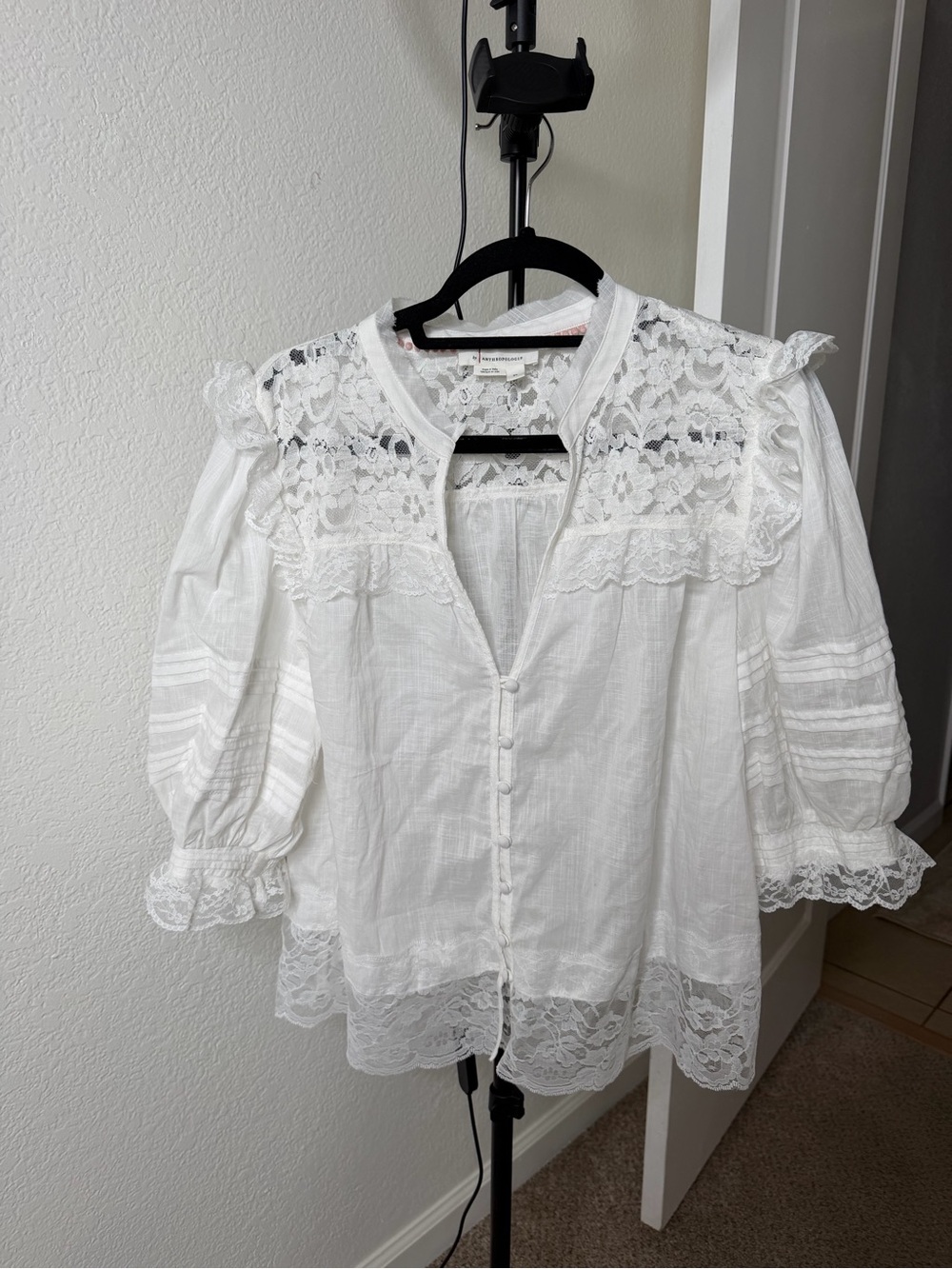 Anthropologie Cream Lace-Trim Puff Sleeve Blouse - Picture 4 of 12